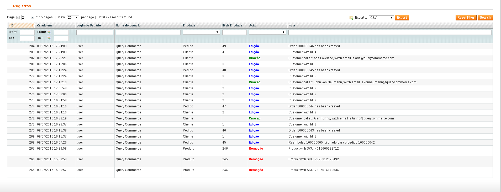 Exemplo Tela Acompanhamento - Admin Logger